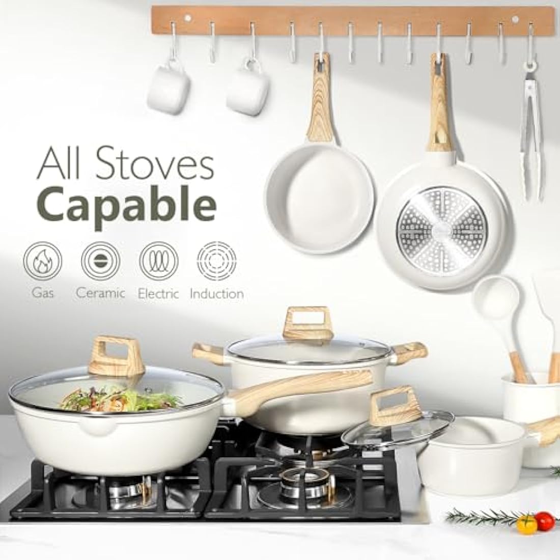 GiPP Pots and Pans Set Non Stick - 14 Piece White Ceramic Kitchen Cookware Sets Nonstick Induction Cookware Non-Toxic Cooking Pan Set with Silicone Spatula&Spoon, PFOS and PFOA Free (White, 14PCS)