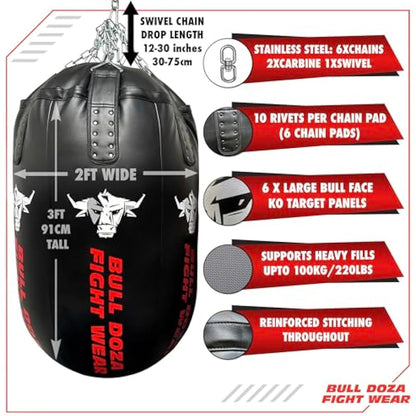 Bullet Punch Bag - Huge - Self-Fill Punch Bag - 100kg Filling Capacity, Heavy-Duty, Stainless Steel Chains Swivel - Most Aggressive Boxing Bag - Bull Doza Fight Wear