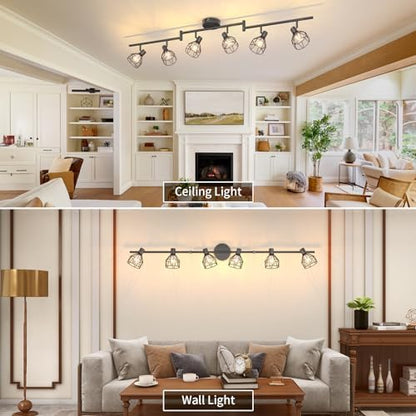 Dehobo Spot Light Fittings for Ceilings Adjustable Metal Wire Cage Kitchen Spotlight with E14 Base Black 6 Way Ceiling Light Industrial for Bedroom Bar Hallway Living Room No Bulb