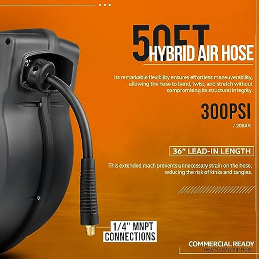 SuperHandy Air Hose Reel Retractable Spring Driven 3/8" x15m (50' ft) Long 300PSI 20BAR Max Polypropylene Premium Flex Hybrid Polymer Hose for Indoor Outdoor Use w/Lead in Hose & PVC Handle