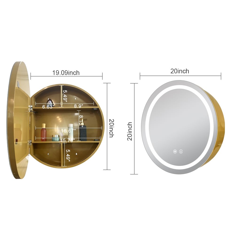 Janboe 51cm Round Mirror Cabinet with Lights,with Defogger,Dimmable,Anti-Fog,3 Colors,Gold