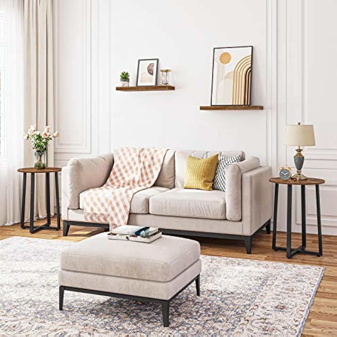 HOOBRO Side Table, Round Small Table, Small Bedside Table, Coffee Table with Metal Frame, Industrial Round Sofa Tables Hallway for Living Room, Sturdy,Rustic Brown EBF95BZ01