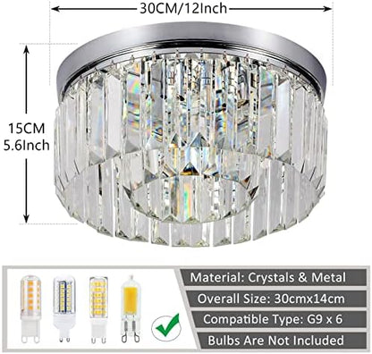 Rayofly Modern Crystal Chandeliers Ceiling Lights, 2-Tiers Crystal Flush Ceiling Lights, Chrome, 6-Lights G9, Elegant Glass Crystal Chandelier Lamps for Living Room, Hall, Bathroom, Bedroom, Foyer