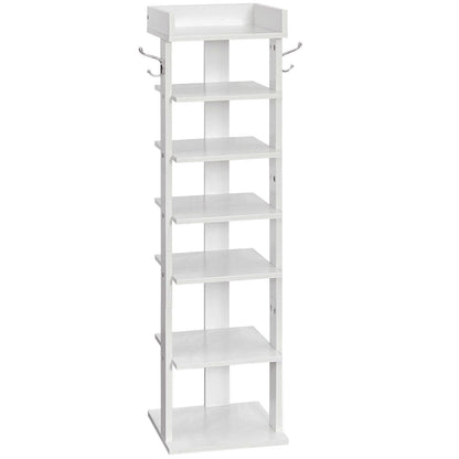 HOOBRO Vertical Shoe Rack, 7 Tier Shoe Storage Organizer with Hooks, Narrow Shoe Rack for 7 Pairs, Space Saving, Stable and Strong, for Entryway