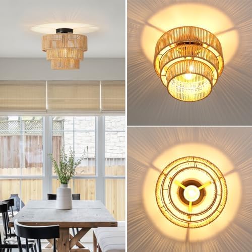 FORCOSO Rattan Ceiling Light 3-Layer, Boho Lamp Light Shade Rattan Lampshade, E27 Vintage Chandelier Light Fitting, Rustic Ceiling Lamp Fixtures for Living Room Bedroom Dining Table Kitchen Hallway