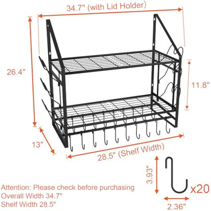 VyGrow 35 Inch Pot Rack Wall Mounted, 2 Tier Pots and Pans Organizer with 20 Hooks and 6 Pot Lid Holders, Heavy Duty Steel Pot and Pan Hanger for Kitchen Cookware Utensils Storage 34.7" Lx13 Wx26.4 H