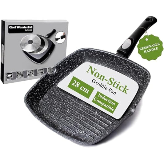Chef Wonderful Non-Stick Griddle Pan for Induction Hob. Aluminium Steak Pan (28cm) Non-Stick Marble Coating & Detachable Handle. Induction Grill for All Hobs. Suitable for Gas & Oven Grilling.