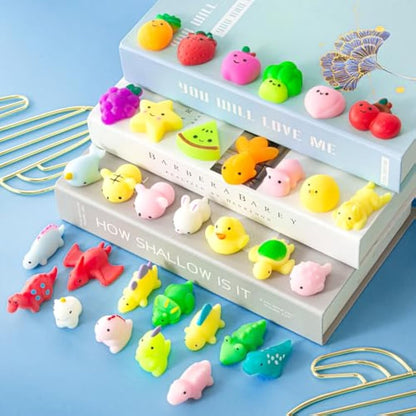 32Pcs Mochi Squishy Toys, Kawaii Animals Dinosaur Fruits Mini Squeeze Toys Pack, Soft Squishies Stress Relief Sensory Fidget Toys Party Bags Fillers for Kids Birthday Party Favors Gifts