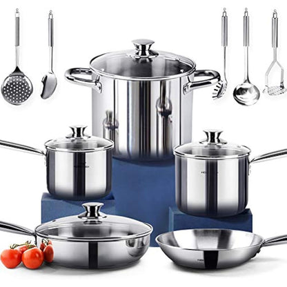 HOMICHEF 14-Piece Nickel Free Stainless Steel Cookware Set - Nickel Free Non-Toxic Stainless Steel Pots and Pans Set - Healthy Induction Cookware
