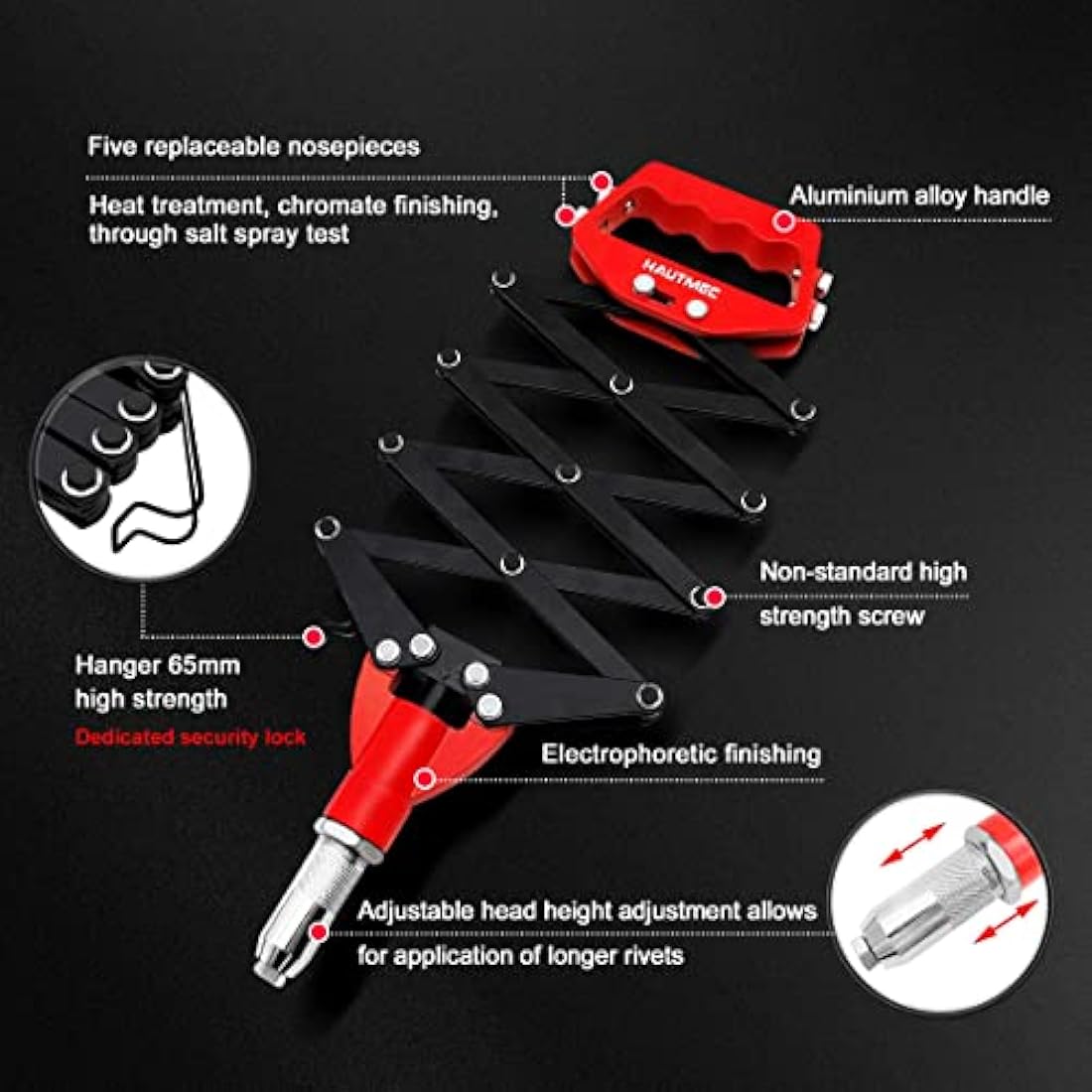 HAUTMEC 5-in-1 Rivet Gun 12" Expert Heavy-Duty Lazy Tong Pop Riveter with Portable Wrench, Single Pull Action Riveter, Fast Riveting HT0130-UK