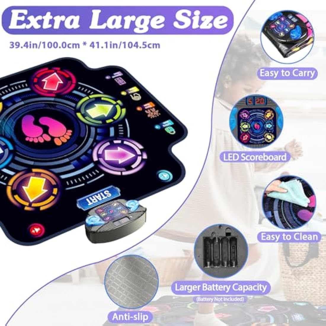 KIZJORYA Dance Mat for Kids, Electronic Light-up Dance Pad with Wireless Bluetooth 5 Speeds 9 Levels, Dancing Mat for Toddlers Music Game Dance Toy for Girls Boys 3 4 5 6 7 8 9 10+ Year Old