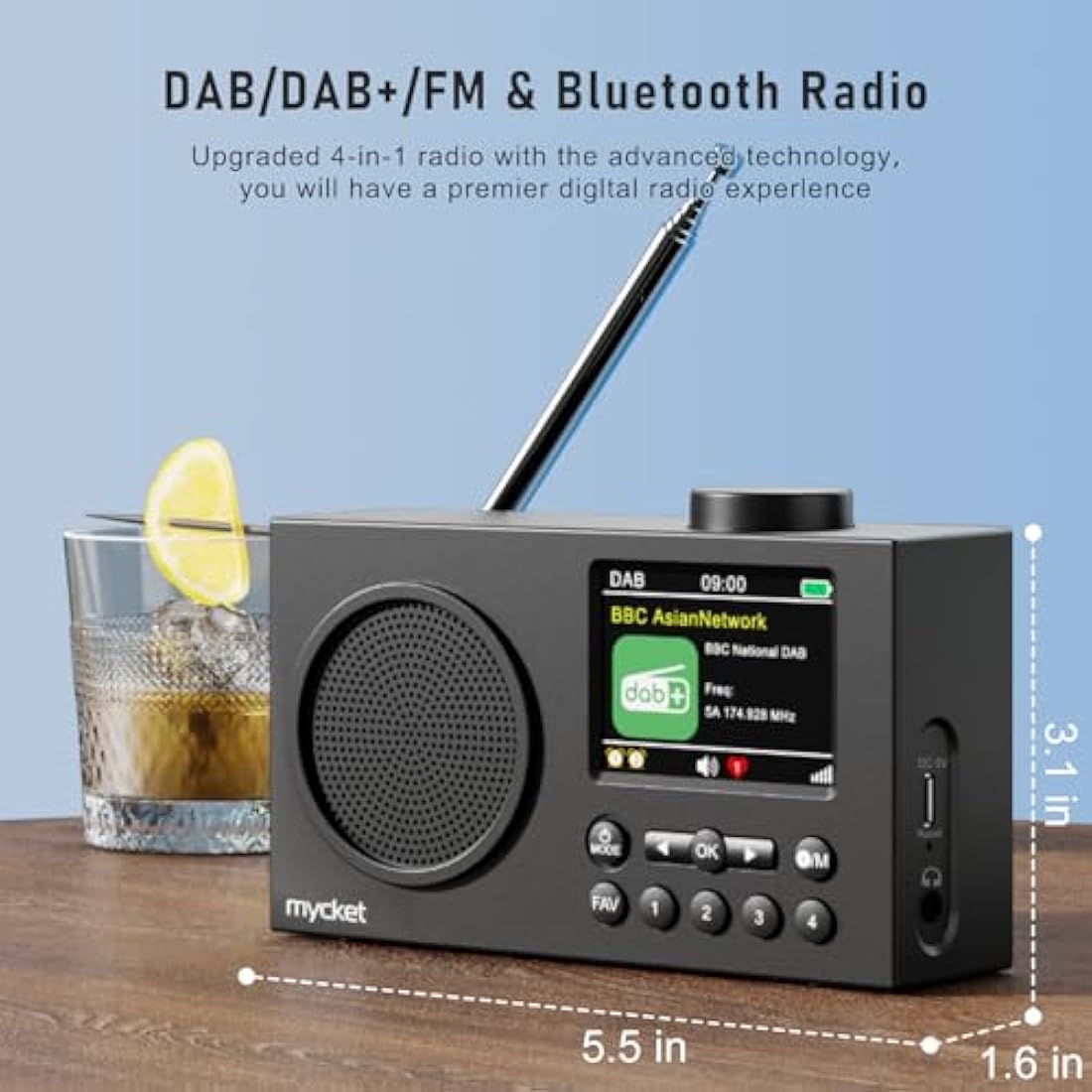 Mycket DAB Radio Portable, DAB Plus Digital Radios with Bluetooth, USB Rechargeable FM Radios, Battery Powered Small Radio,Dual Alarms Clock,Sleep Timer, 40 Presets Stations, 2.4" Large Colour Display