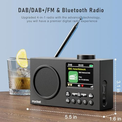 Mycket DAB Radio Portable, DAB Plus Digital Radios with Bluetooth, USB Rechargeable FM Radios, Battery Powered Small Radio,Dual Alarms Clock,Sleep Timer, 40 Presets Stations, 2.4" Large Colour Display