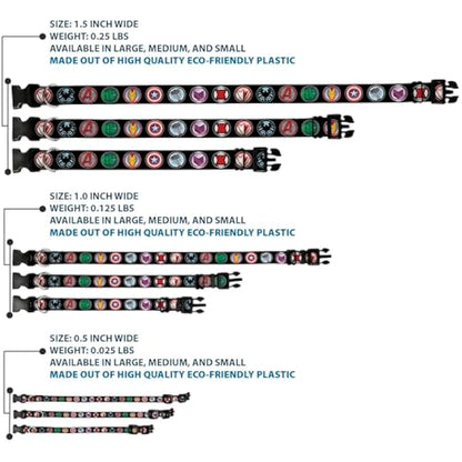 Buckle-Down 9Avenger Icons Black/Multi Color Marvel Avengers Plastic Clip Collar, Wide Large/18-32"