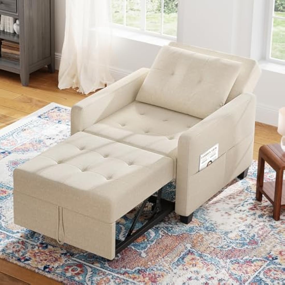 Vesgantti 3 in 1 Convertible Sofa Bed with Adjustable Backrest, Beige Fabric Single Sofa Bed Chair with Side Pockets, Foldable & Pull Out for Living Room
