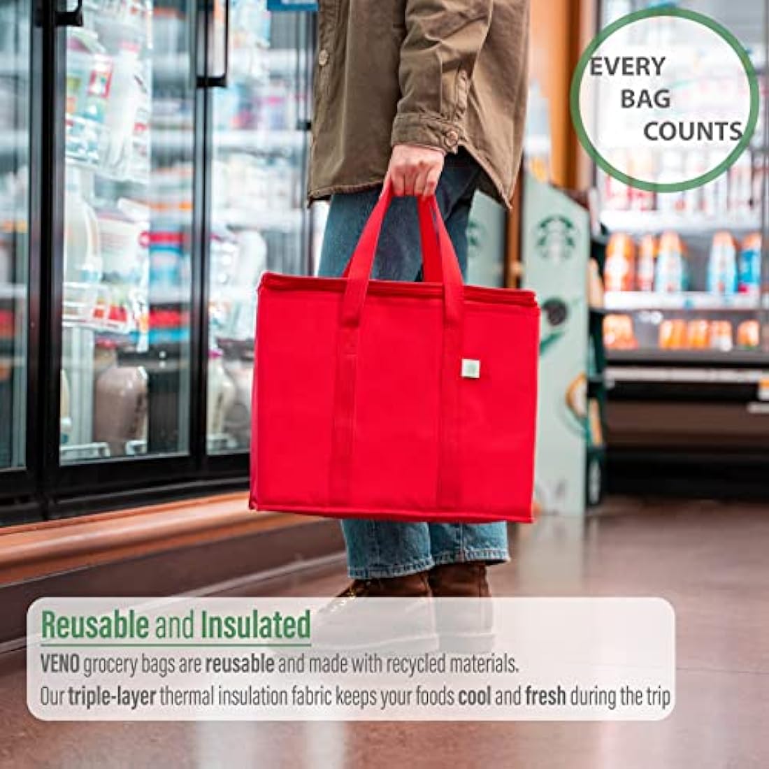 VENO 2 Pack Cooler Bag and Insulated Grocery Bags for Food Delivery, Collapsible Cooler, Reusable Shopping Bags for Groceries with Zipper, Foldable, Heavy-Duty, Stands Upright (Red, 3 Pack)