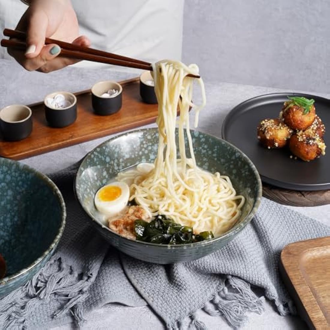 NUTRIUPS 1200ml Ceramic Ramen Bowl Set of 2 Noodle Bowls with Chopsticks and Spoons (Emerald)