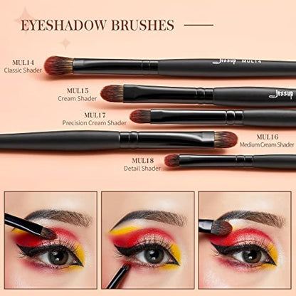 Jessup Make Up Brushes Set Professional 16Pcs Black Precision Collection,Synthetic Hair,Highlight Concealer Eyeshadow Eye liner Blending Spoolie T272