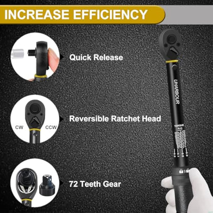Uharbour Torque Wrench 1/4, 3-25 Nm Bike Torque Wrench, 0.1 Nm Micro Adjustment with Lock, ±3% Accuracy with Calibration Certificate, Dual Direction with 72 Teeth