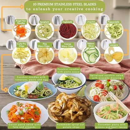 Brieftons 10-Blade Vegetable Spiralizer: Strongest-Heaviest Spiral Slicer, Best Veggie Pasta Spaghetti Maker for Low Carb, Paleo, Gluten Free Meals, with Blade Caddy, Container, Lid & 4 Recipe Ebooks