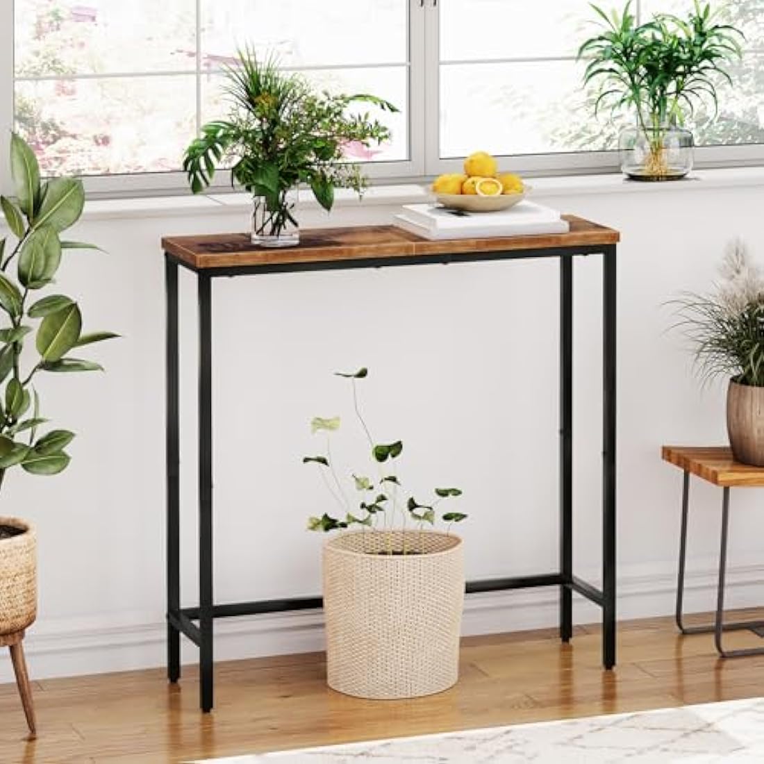HOOBRO Console Table, Slim Console Table for Hallway, Metal Frame, Compact Display Table, Sofa Table for Small Spaces, Entryway, Living Room, Sturdy, Rustic Brown and Black EBF75XG01