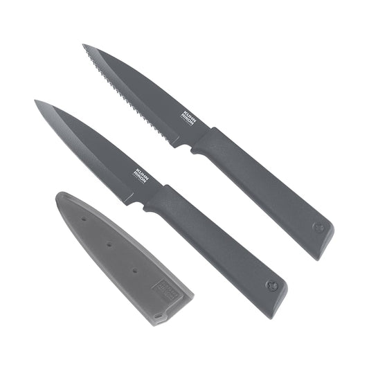 Kuhn Rikon Colori+ 2 Pc Grey Kitchen Knife Set (1x Paring Knife, 1x Serrated Kitchen Knife) Stainless Steel Blade Kitchen Knives Set. Sharp Knife Set