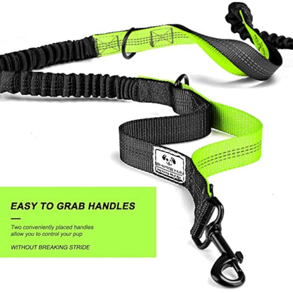 SHINE HAI Retractable Hands Free Dog Leash with Dual Bungees for 2 Dogs, Adjustable Waist Belt, Reflective Stitching Leash for Running Walking Hiking Jogging Biking Black - Green