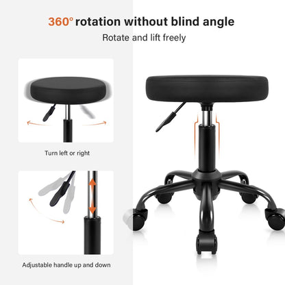 KKTONER Round Rolling Stool Height Adjustable Stool PU Leather Chair with Wheels Salon Spa Drafting stools Small (Black)