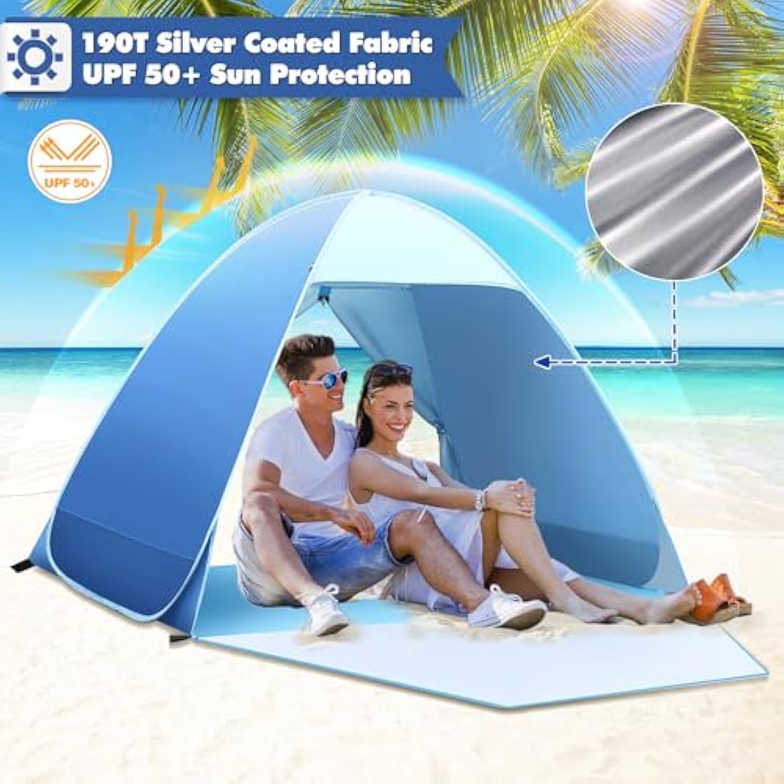 Pop Up Beach Tent, Beach Tent UV 50+ Protection Automatic Beach Tent Shelter Portable Sun Shade Tent with Front Extended Floor Zipper Back Door for Beach, Garden