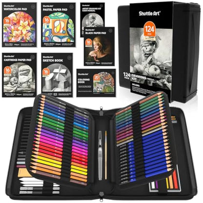 Shuttle Art 124 Pack Sketching and Drawing Pencils Set, Sketch Art Pencil Set with 4 Drawing Pads, Graphite Pencils in Zipper Case, Colouring Pencils for Artist Sketching, Art Set for Adults, Beginner