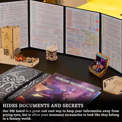 DND Dungeon Master Screen Faux Leather Embossed Dragon & Mimic, Four-Panel with Pockets DM Screen for Dungeons and Dragon, Pathfinder, D&D