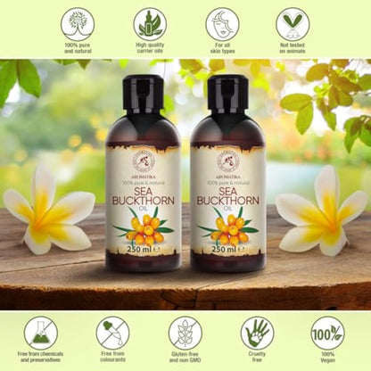 Sea Buckthorn Oil Set 2x250ml - 100% Pure & Natural - Cold Pressed - Unrefined - Hippophae Rhamnoides Oil - Cosmetic Oil for Hair - Face - Body - Aromatherapy - Relaxation - Massage - Spa