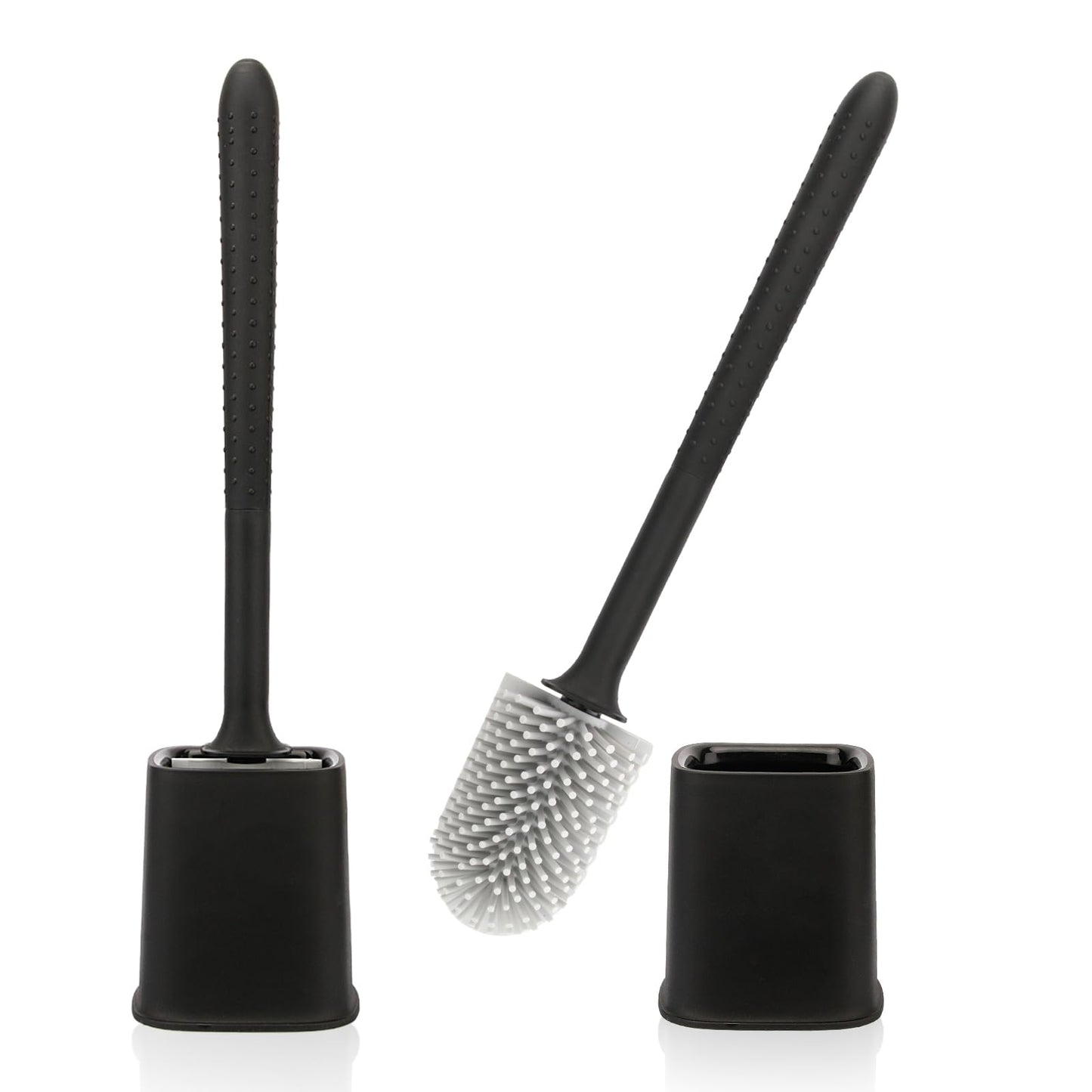 Canvint Silicone Toilet Brush Set, 2 Pack Deep Cleaning Brush with Quick Drying Holder, Flexible Long Handle (Black)