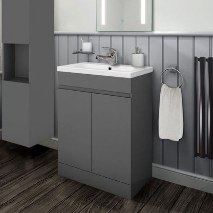 Biubiubath 600mm Vanity Unit with Basin Floor Standing Matt Grey Storage Cabinets 2 Doors