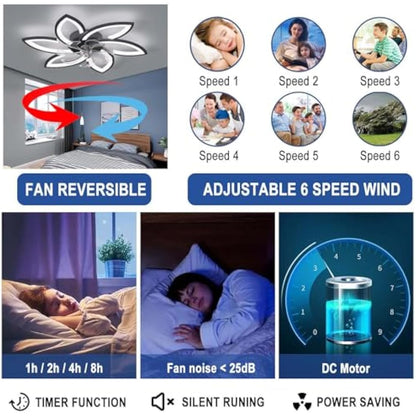 YUNZI Mute Ceiling Fan with Light with Remote Control, LED Dimmable Fan Ceiling Lamp, Modern Ceiling Fan Lighting for Living Room Bedroom Office, Adjustable 6 Speeds, Black 78CM
