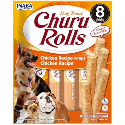 Churu Bites by INABA Dog Treat - Chicken Flavour 8 Pack (64 x 12g total) / Crispy Pouches with Creamy Filling Dog Treat, Delicious & Healthy Snack for Dogs, Training Treat, Natural, Grain Free