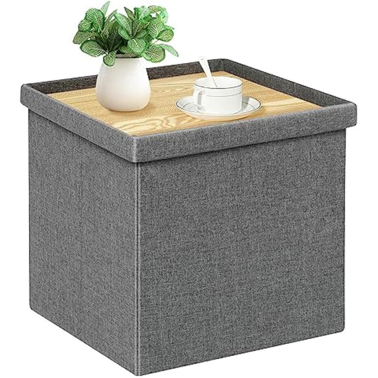 Bonlife Grey Ottoman Coffee Table,Toy Storage Box with Lid,Foldable Stool Seat Footstool with Storage,for Living Room,Bedroom,40.5x38.5x38cm