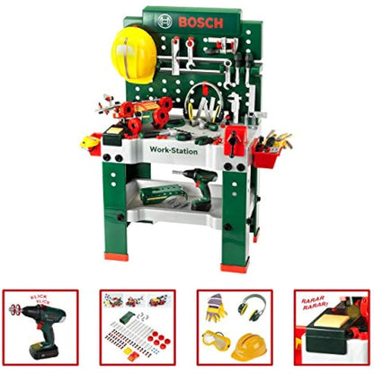 Theo Klein 8485 Bosch Workbench No. 1 I 150 Parts I Includes Cordless Screwdriver, Construction Set, Sander and Much More | Battery-Powered Cordless Screwdriver with Light and Realistic Sounds