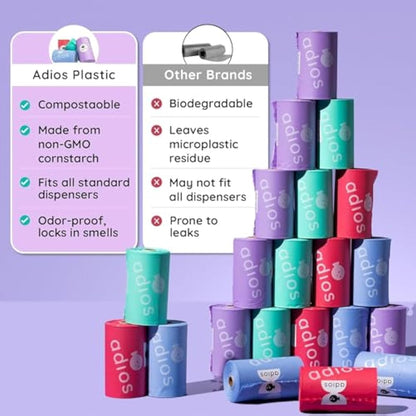 Adios - Compostable Dog Poop Bags, 360 Count (24 Rolls) - Rainbow Colours - Extra Thick, Leakproof, Odour Proof Dog Waste Bags - Made from Compostable Cornstarch - Easy Tear Rolls, Packaging May Vary
