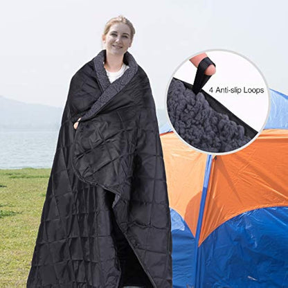 REDCAMP Large Waterproof Camping Blanket Thermal with Sherpa Lining, 200x200 cm Windproof Outdoor Blanket for Cold Weather Winter Stadium Travel Sports,Washable Black