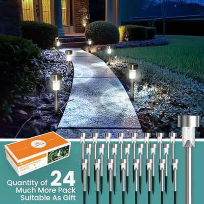 GIGALUMI Solar Lights Outdoor Garden Waterproof,24 Pack,Stainless Steel LED Solar Garden Lights for Patio, Lawn, Yard and Landscape Decor, Cold White