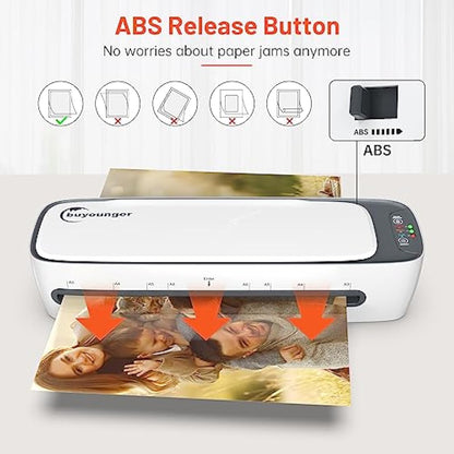 Buyounger Laminator, A3 Laminator Machine with 25 Pouches Thermal and Cold for A3 A4 A5 A6, 13 Inches Laminating Machine with 60s Warm-up for Home School Office