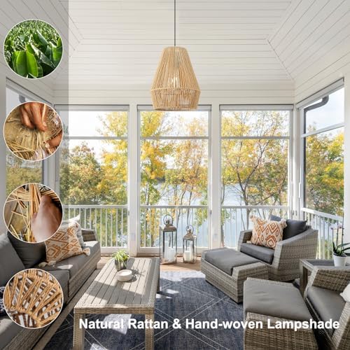 FORCOSO Rattan Pendant Ceiling Light, Boho Lamp Hanging Light Shade Rattan Lampshade, Vintage E27 Light Fitting, Rustic Ceiling Lamp Fixtures for Living Room Bedroom Dining Table Hallway Kitchen