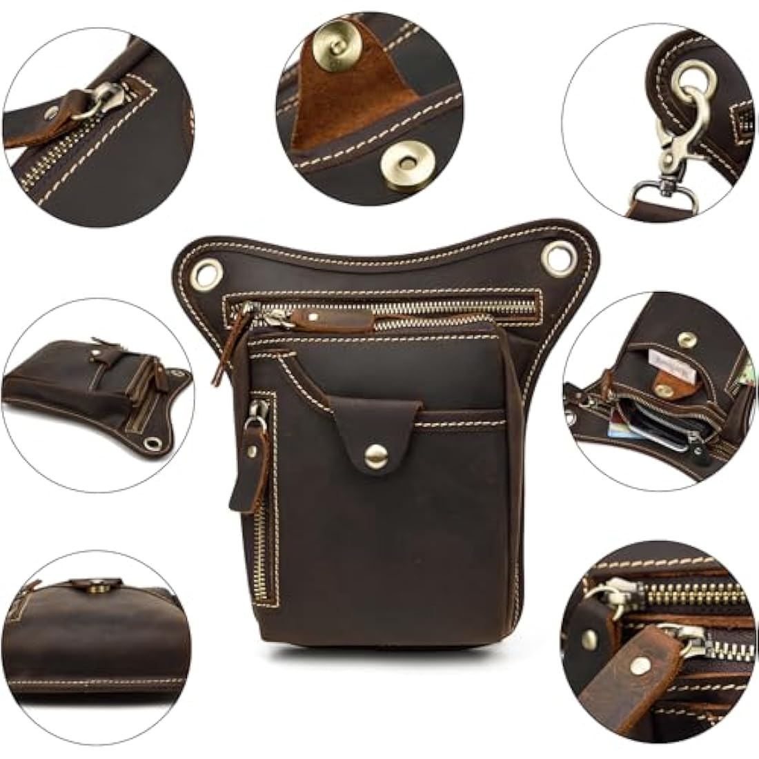 Mens Genuine Leather Messenger Shoulder Bag Motorcycle Bike Riding Cycling Multi-Purpose Thigh Waist Fanny Pack Travel Hiking Sports Camping Pouch, Dark Brown