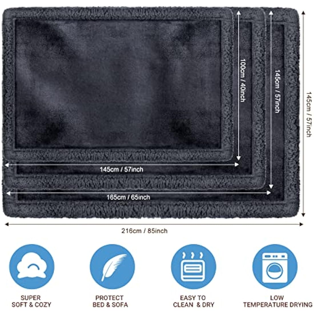 fireowl Waterproof Dog Blanket Washable Large - 145x165cm Soft Warm Fleece Pet Blankets for Cats Dogs - Pet Throw Blankets for Small Medium Large Dogs Grey