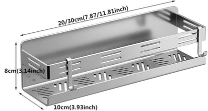 Celbon 30CM Chrome Shower Caddy No Drilling Self Adhesive Stainless Steel Bathroom Shelf Organiser with 2 Hooks Shower Shelf Kitchen Organiser