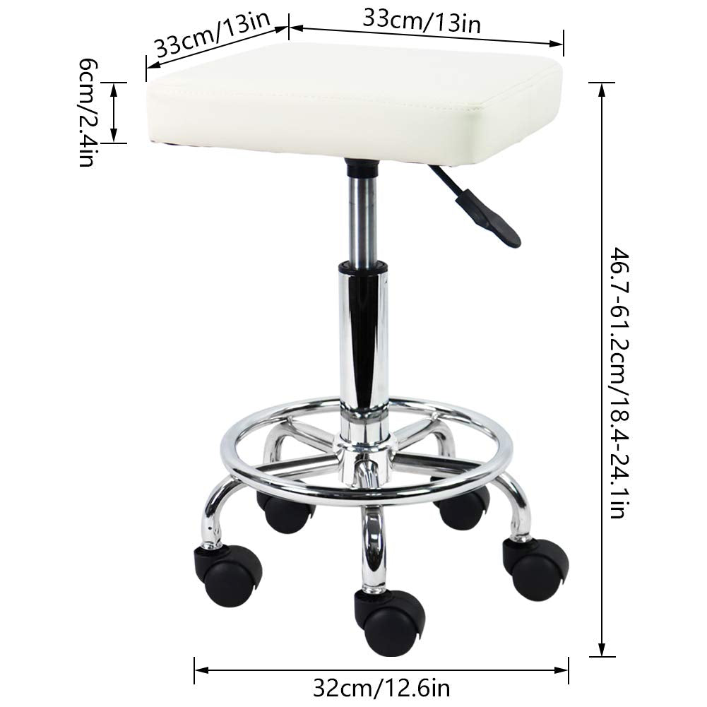 KKTONER Square Rolling Stool PU Leather Height Adjustable Swivel Massage SPA Salon Stools Task Chair with Wheels (White)