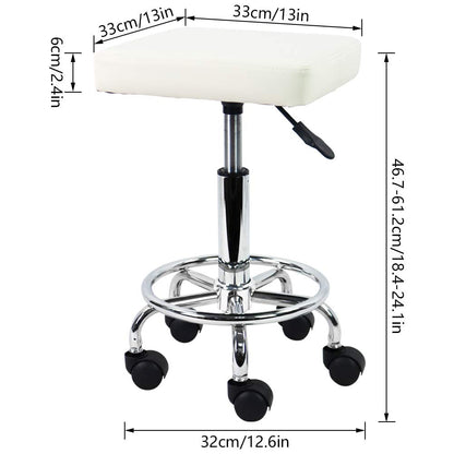 KKTONER Square Rolling Stool with Foot Rest PU Leather Height Adjustable Spa Drafting Salon Tattoo Work Swivel Stools Task Chair Small (White)