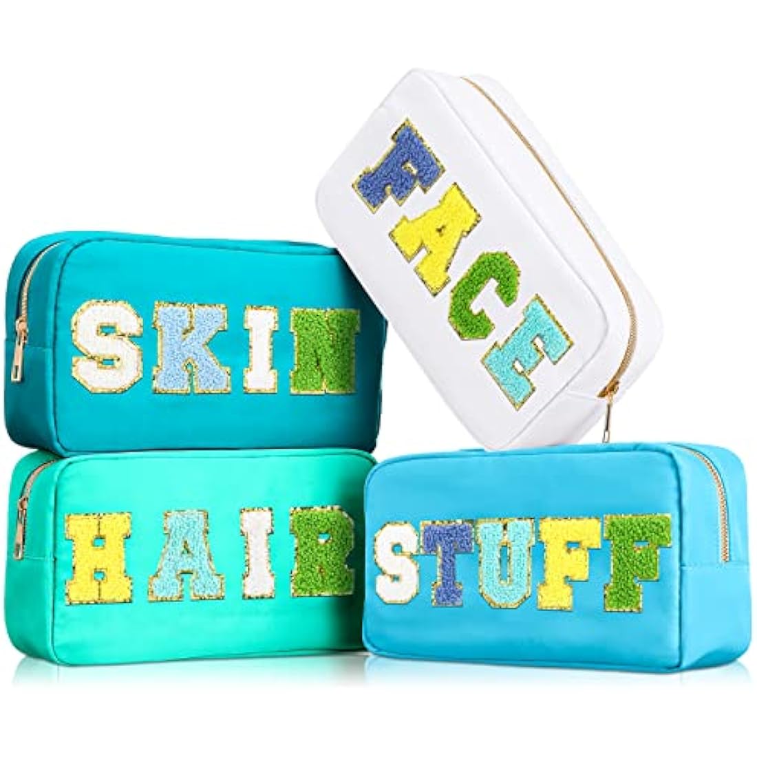 4 Pcs Preppy Makeup Bag Chenille Letter Nylon Cosmetic Bag Makeup Organizer Bag Toiletry Cosmetic Case Preppy Bag with Zipper Stuff Bag Cosmetic Pouch Makeup Pouch for Women Teen Girl, Bright Colors