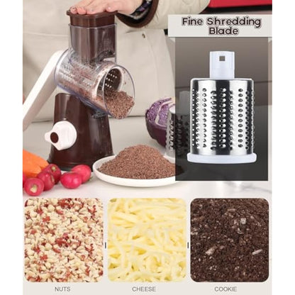 Ourokhome Rotary Cheese Grater Round Mandolin Slicer, Handheld Hashbrown Shredder with 3 Drum Blades, Kitchen Manual Speed Walnut Grinder for Potato, Carrot, Vegetables, Nuts, Zucchini (Coffee)